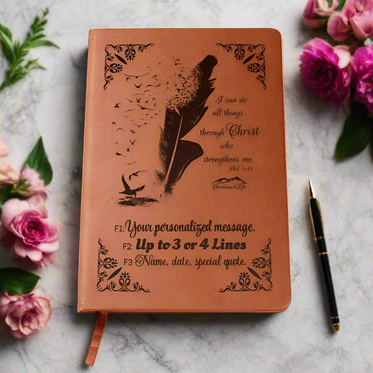Personalized ’I can do all things though Christ’ Christian Notebook Journal (Brown feather) - Journals