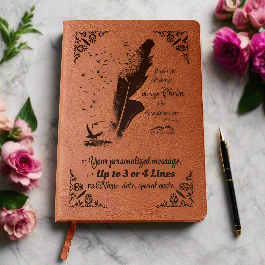 Personalized "I can do all things though Christ" Christian Notebook Journal (Brown feather)