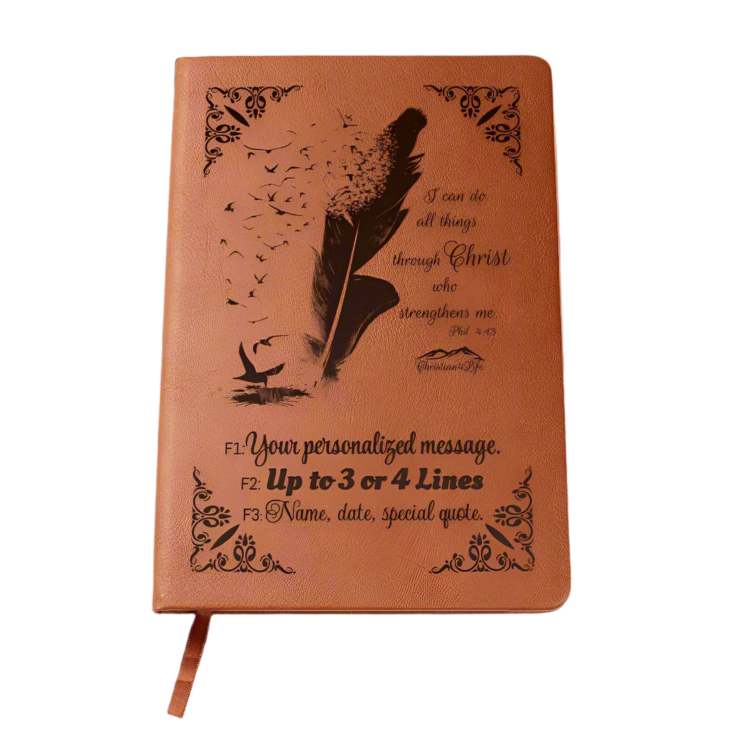 Personalized "I can do all things though Christ" Christian Notebook Journal (Brown feather)