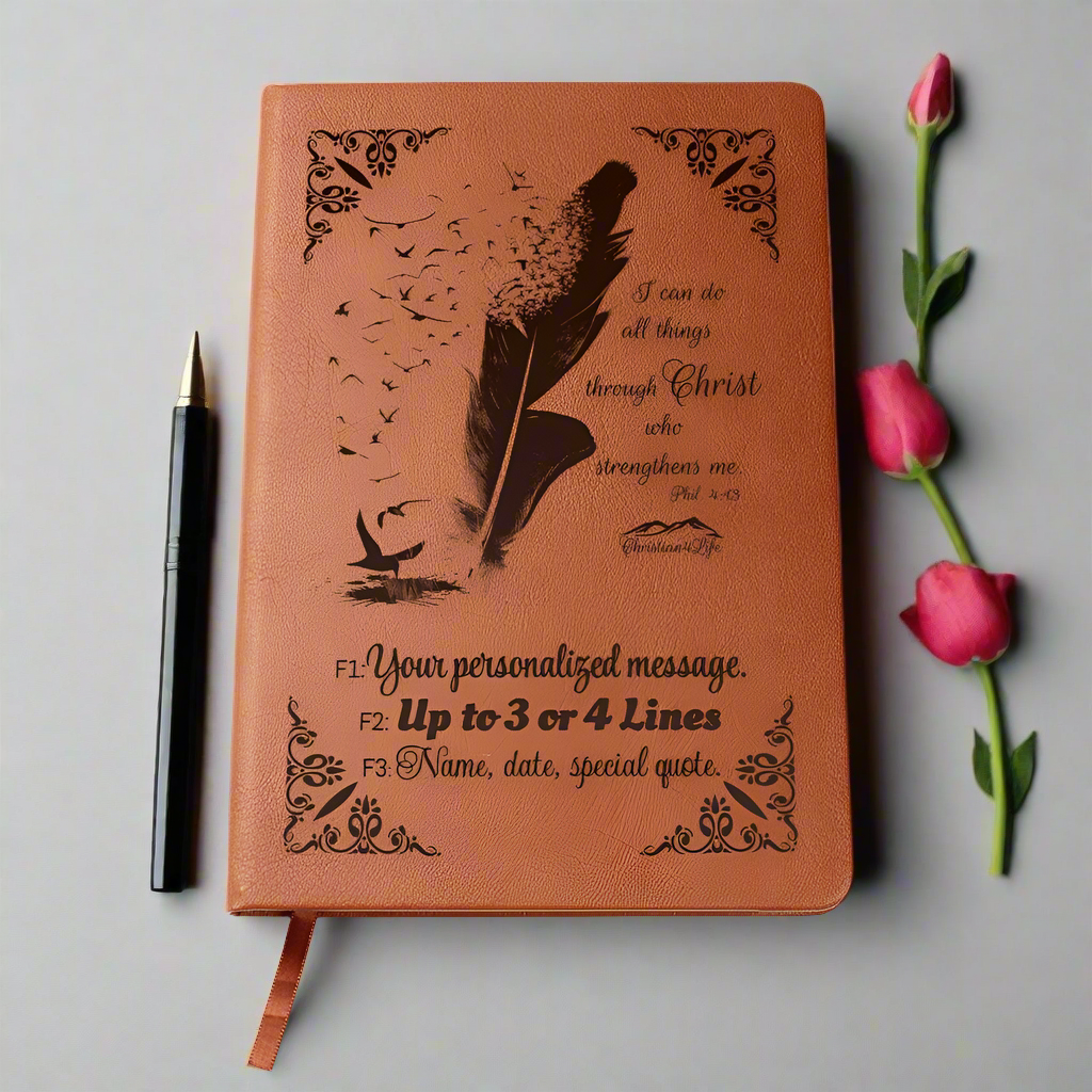 Personalized "I can do all things though Christ" Christian Notebook Journal (Brown feather)