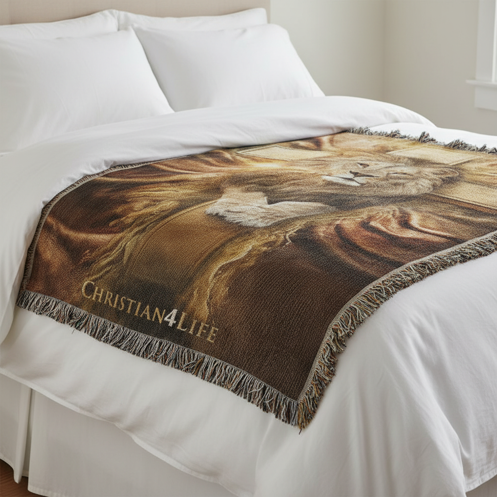 Blanket with lion and cross and 'Christian4Life' text on a bed.