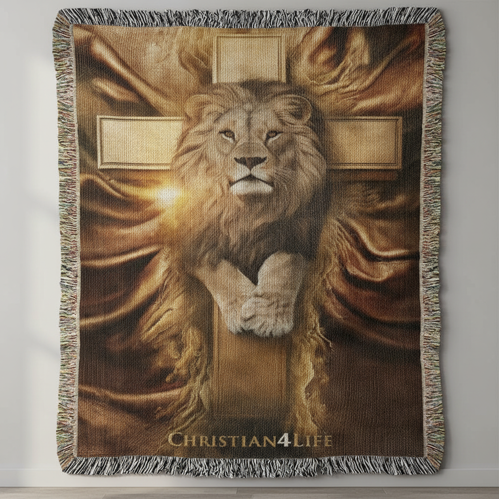 Blanket with a lion and cross design and 'Christian4Life' text on a plain background