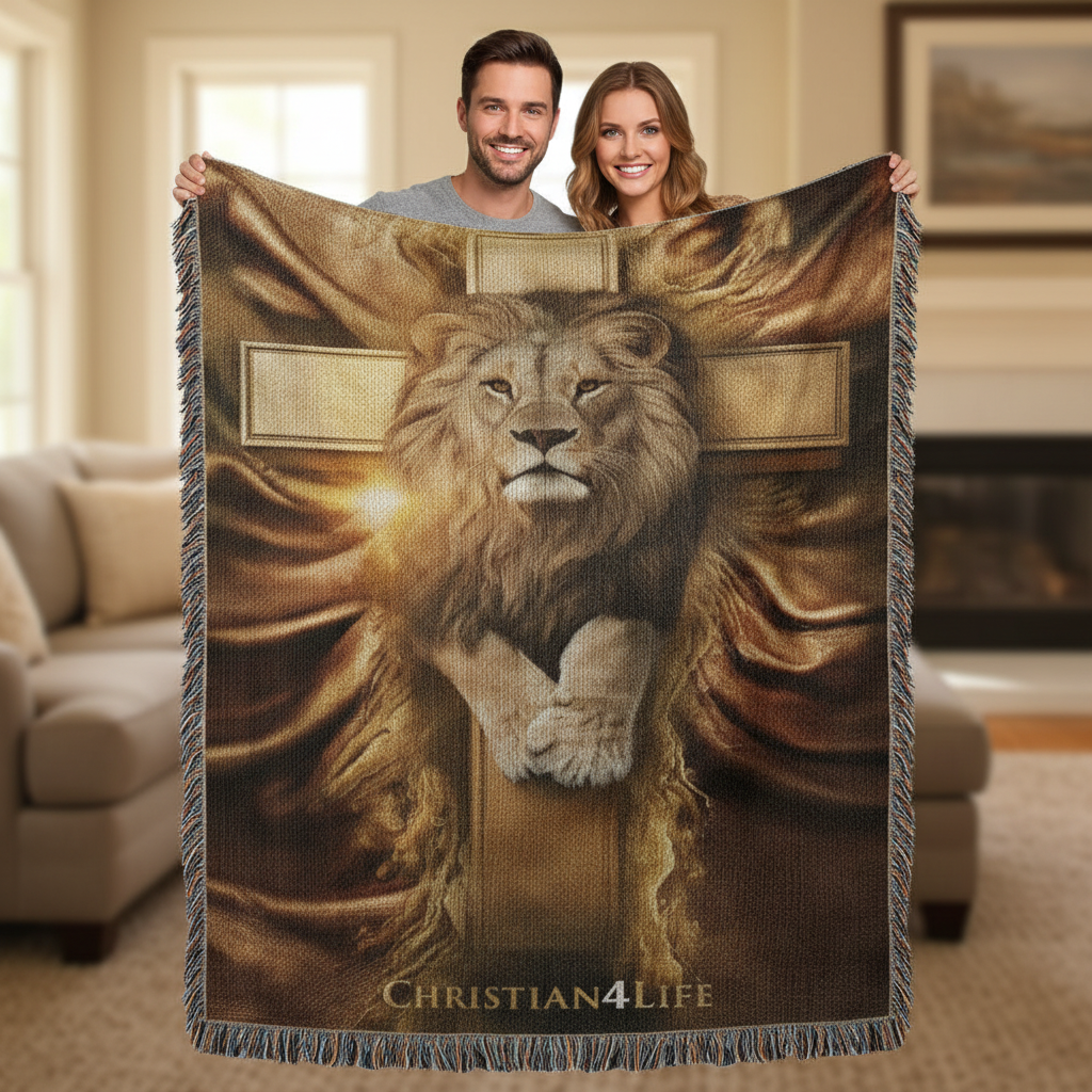 Man and woman holding a blanket with a lion and cross design in a living room.