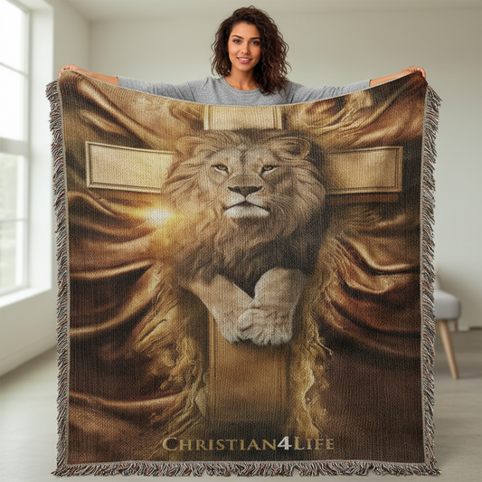 Woman holding a blanket with a lion and cross design, featuring 'Christian4Life' branding.