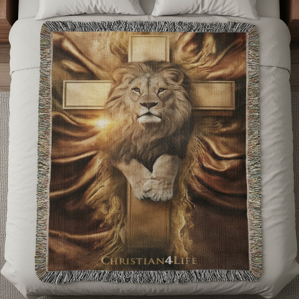 Blanket with a lion and cross design and 'Christian4Life' text on a bed.