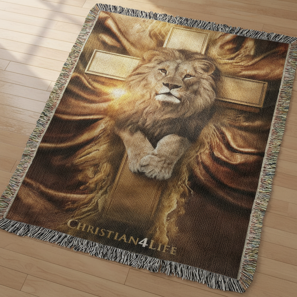 Blanket with a lion and cross design and 'Christian4Life' text on a wooden floor.