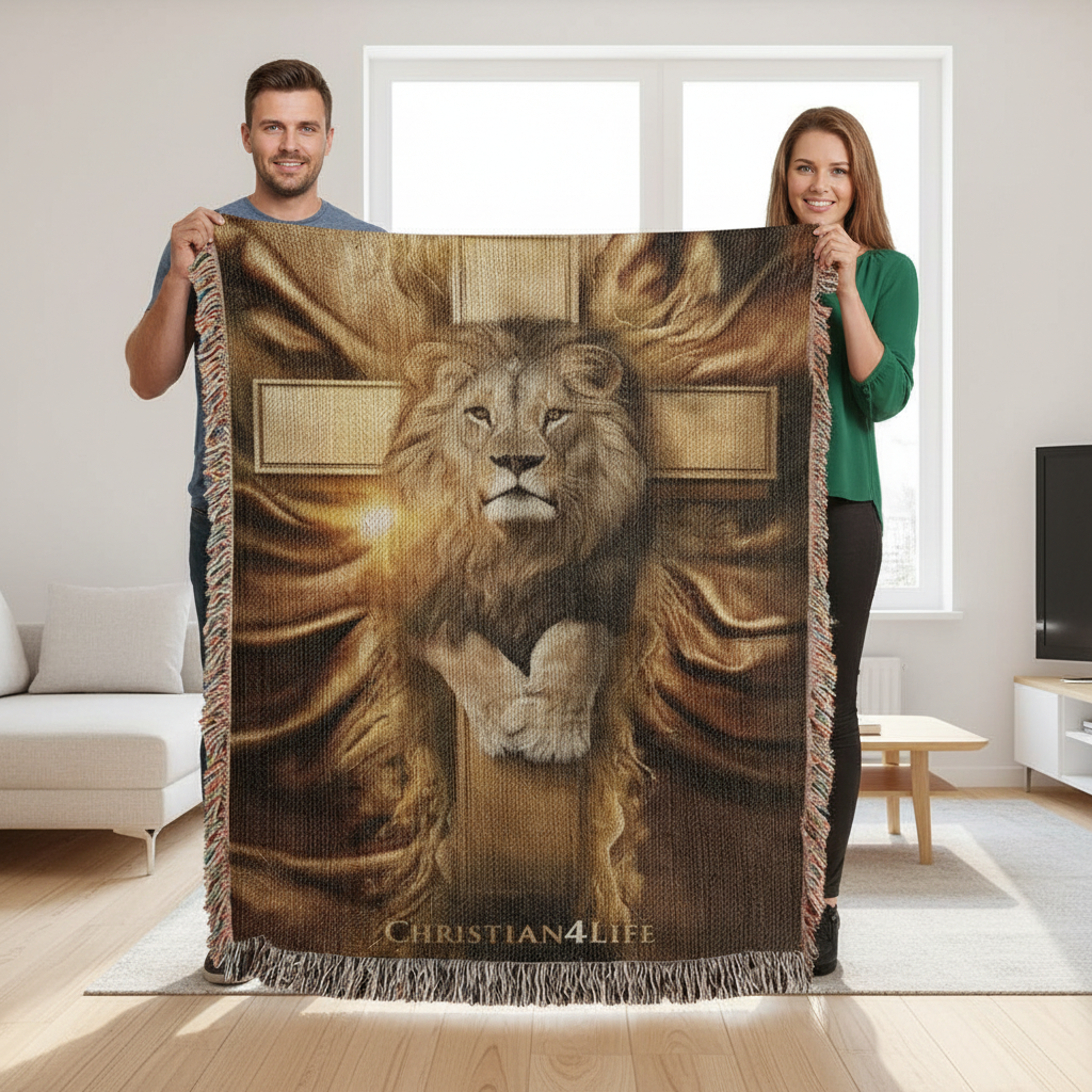 Two people holding a blanket with a lion and cross design in a living room.