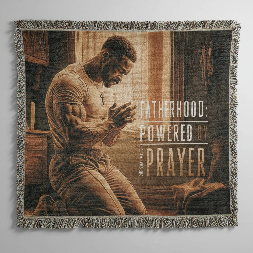 Blanket with a man praying and text 'Fatherhood: Powered by Prayer' on a plain background