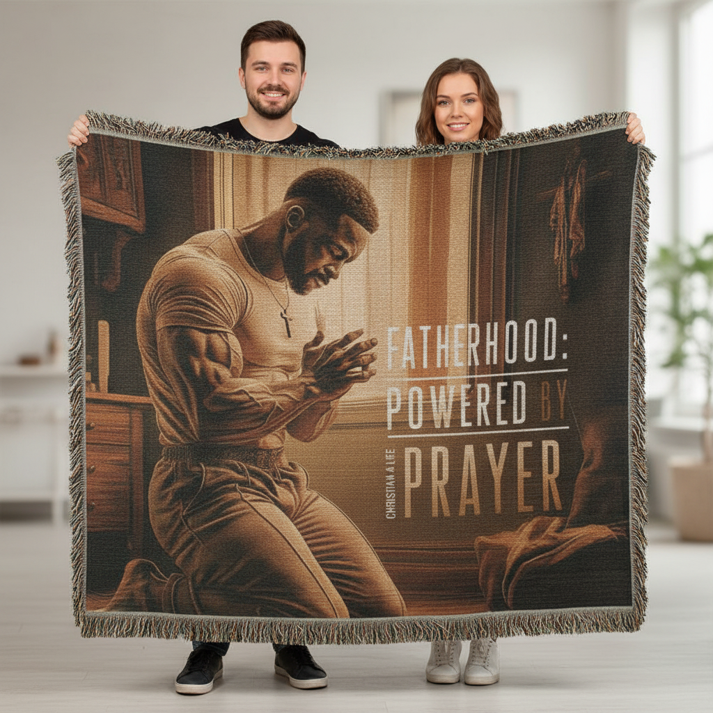 Two people holding a blanket with a printed design of a man praying and text 'Fatherhood: Powered by Prayer'.