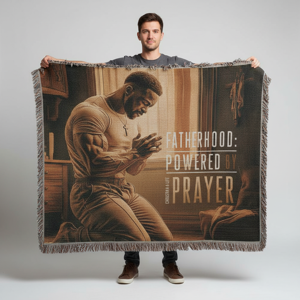 Man holding a blanket with a printed design of a man praying and text 'Fatherhood: Powered by Prayer'.
