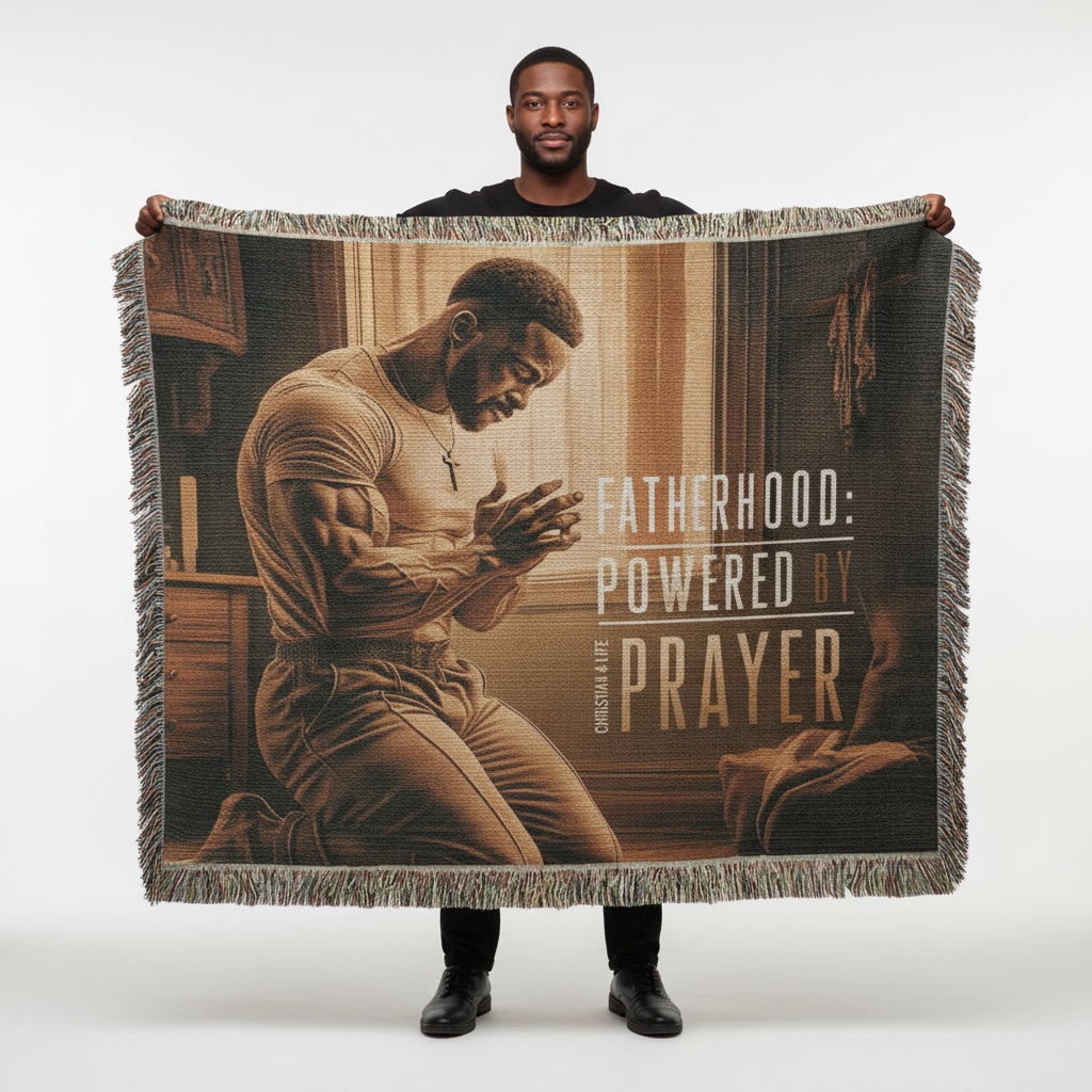 Person holding a blanket with a father image and text 'Fatherhood: Powered by Prayer'.