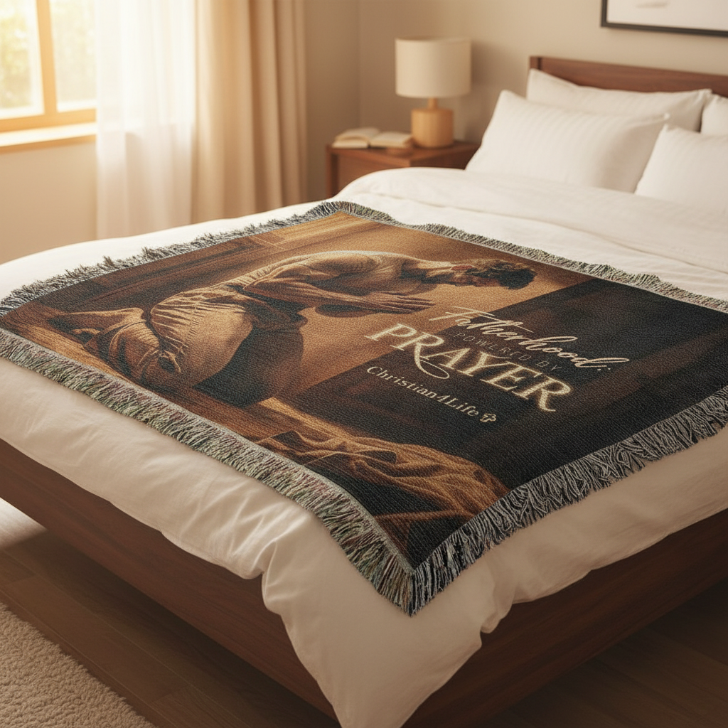 Blanket with a religious design draped over a bed in a bedroom setting