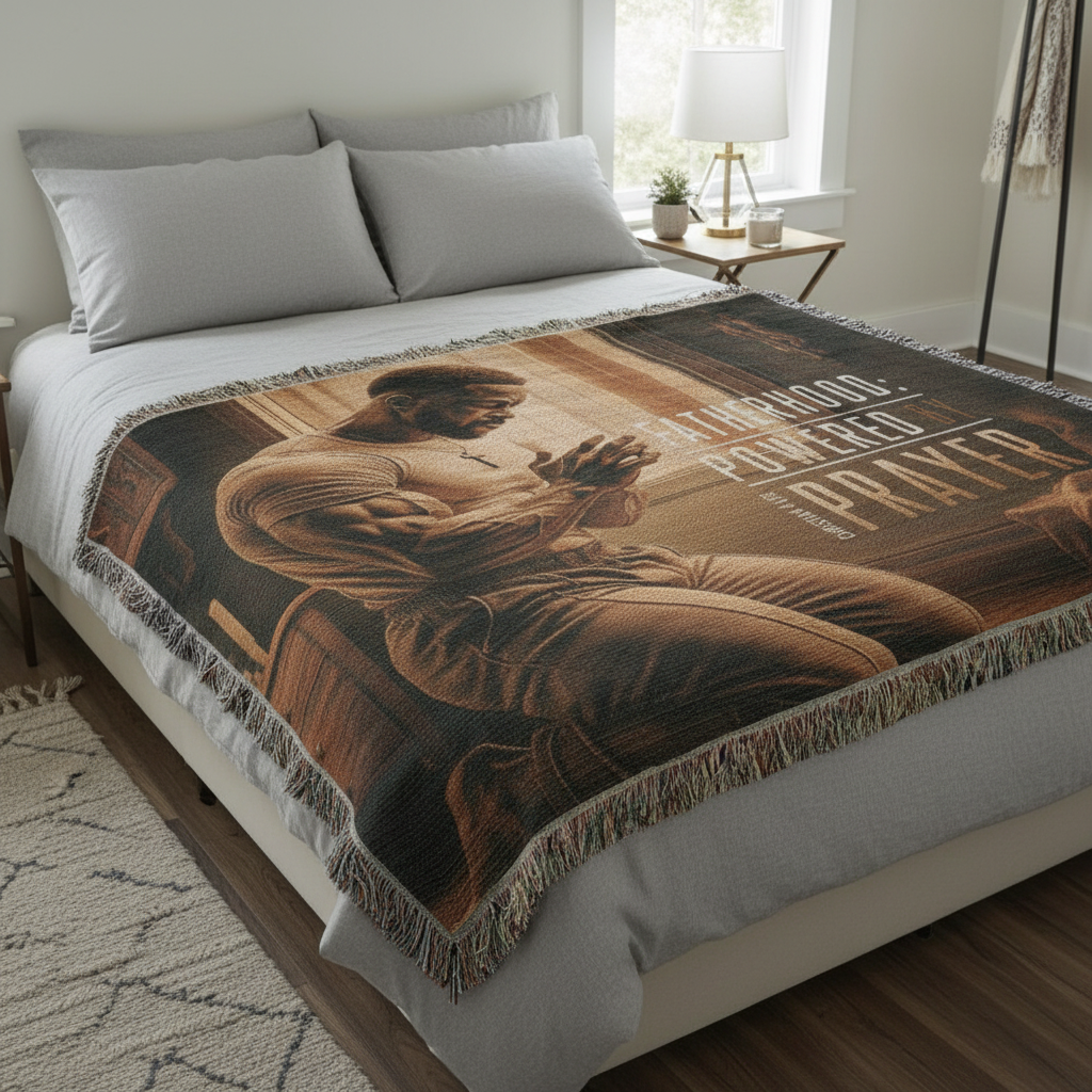 Bed with a decorative blanket featuring an artistic design on a neutral-toned room.