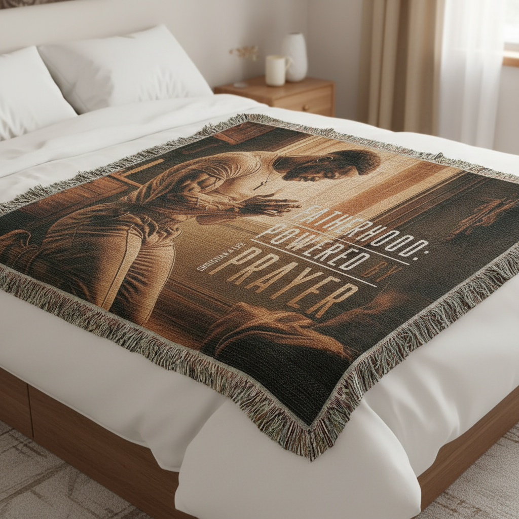 Blanket with a religious father design and text on a bed in a bedroom setting