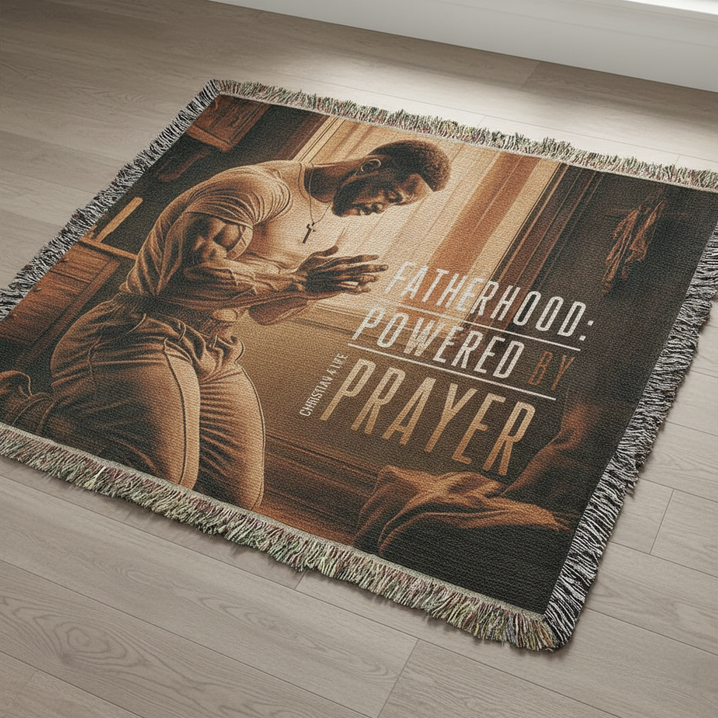 Blanket with a religious design and text on a wooden floor
