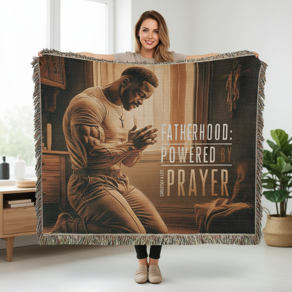 Person holding a blanket with a printed design of a man praying and text 'Fatherhood: Powered by Prayer'.
