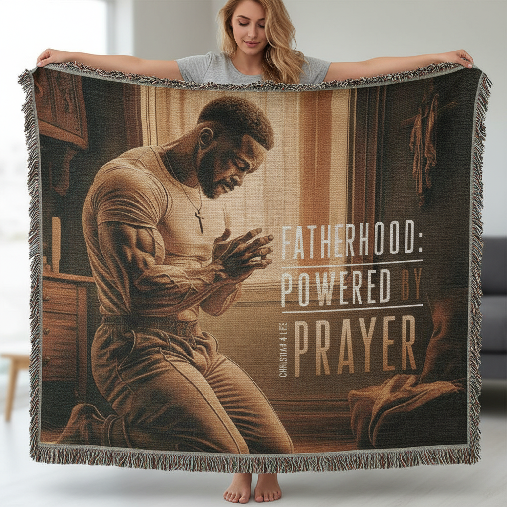 Person holding a blanket with a printed design of a man praying and text 'Fatherhood: Powered by Prayer'.