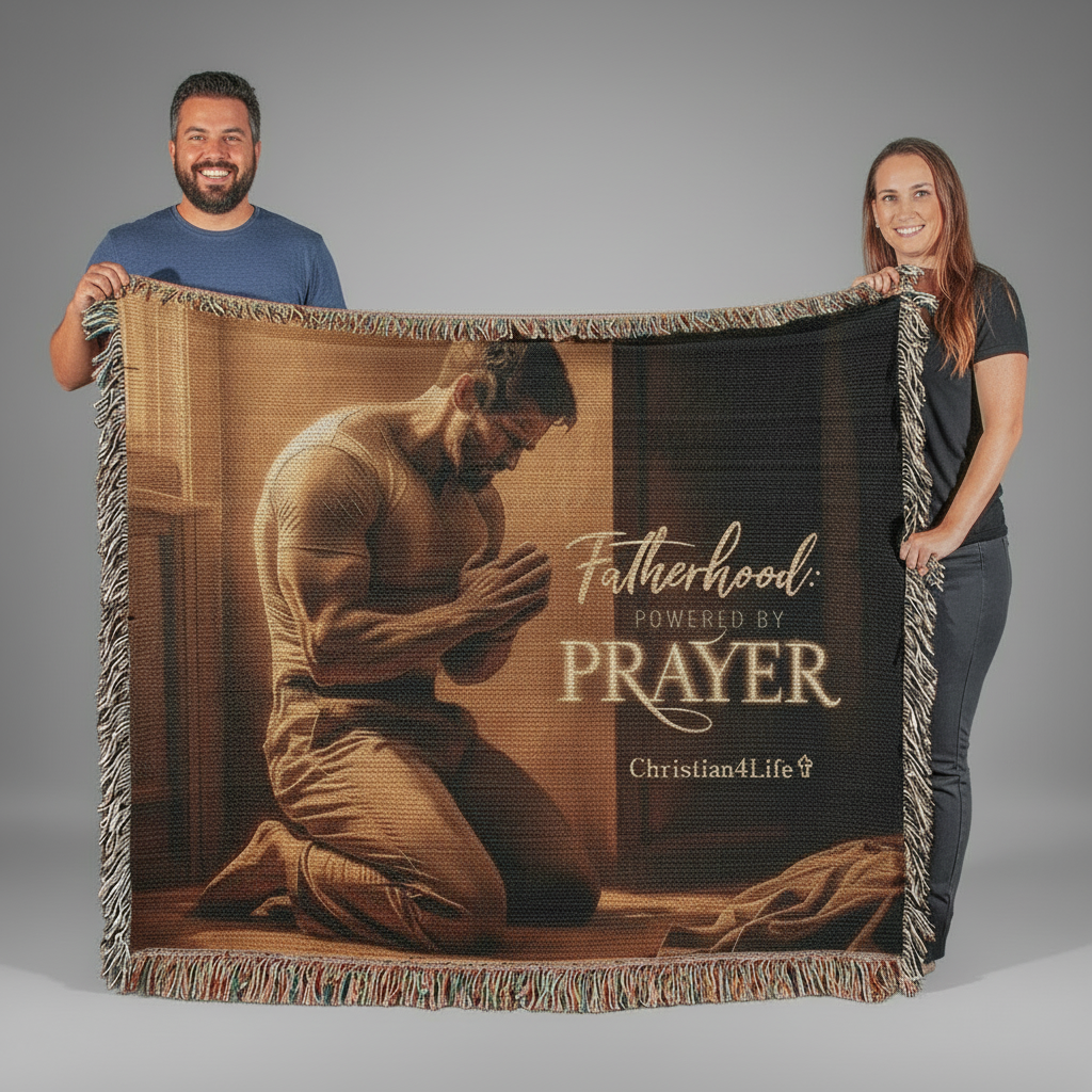 Two people holding a blanket with a printed design of a man praying and text 'Fatherhood: Powered by Prayer'.