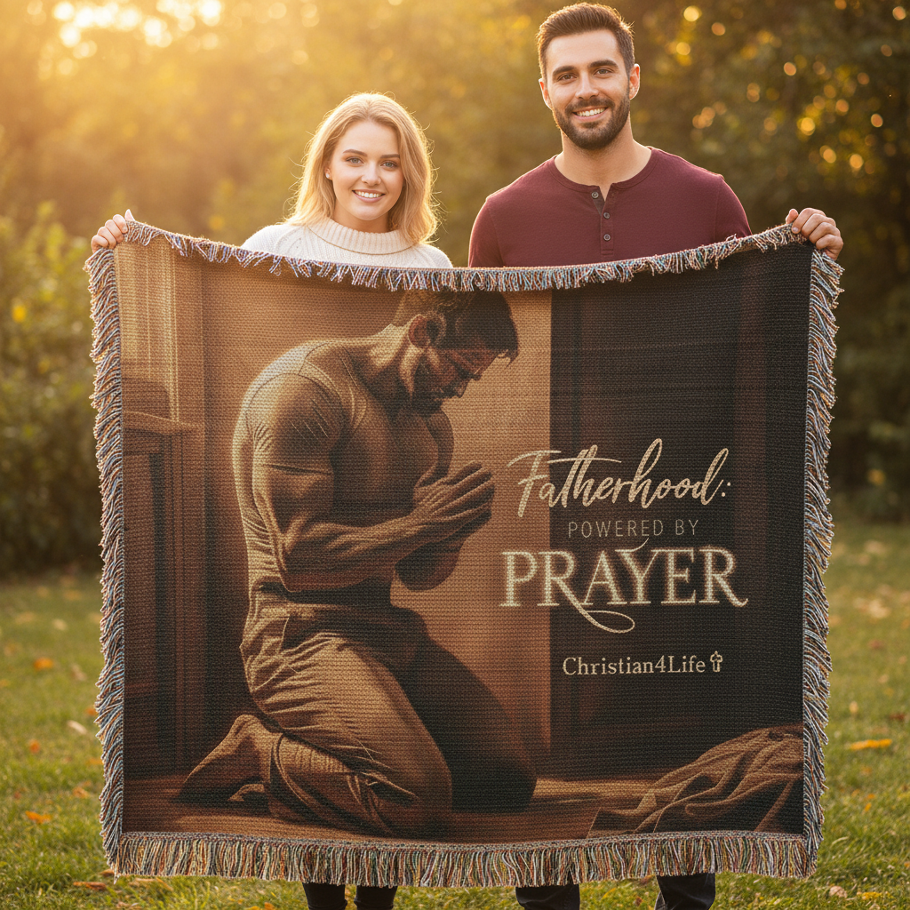 Two people holding a blanket with a praying man graphic and 'Fatherhood: Powered by Prayer' text.