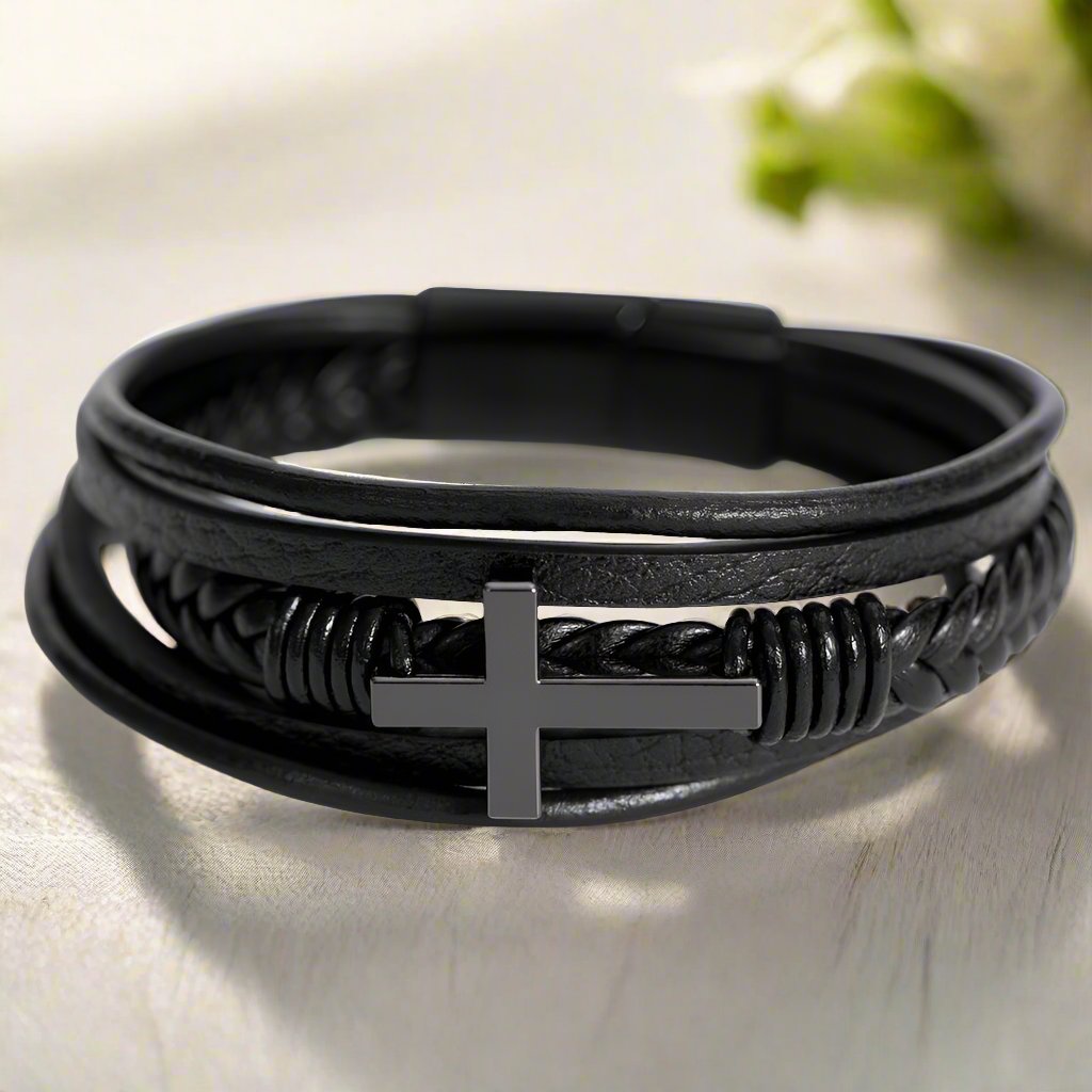 Vegan Leather and Stainless Steel Cross Bracelet - Jewelry