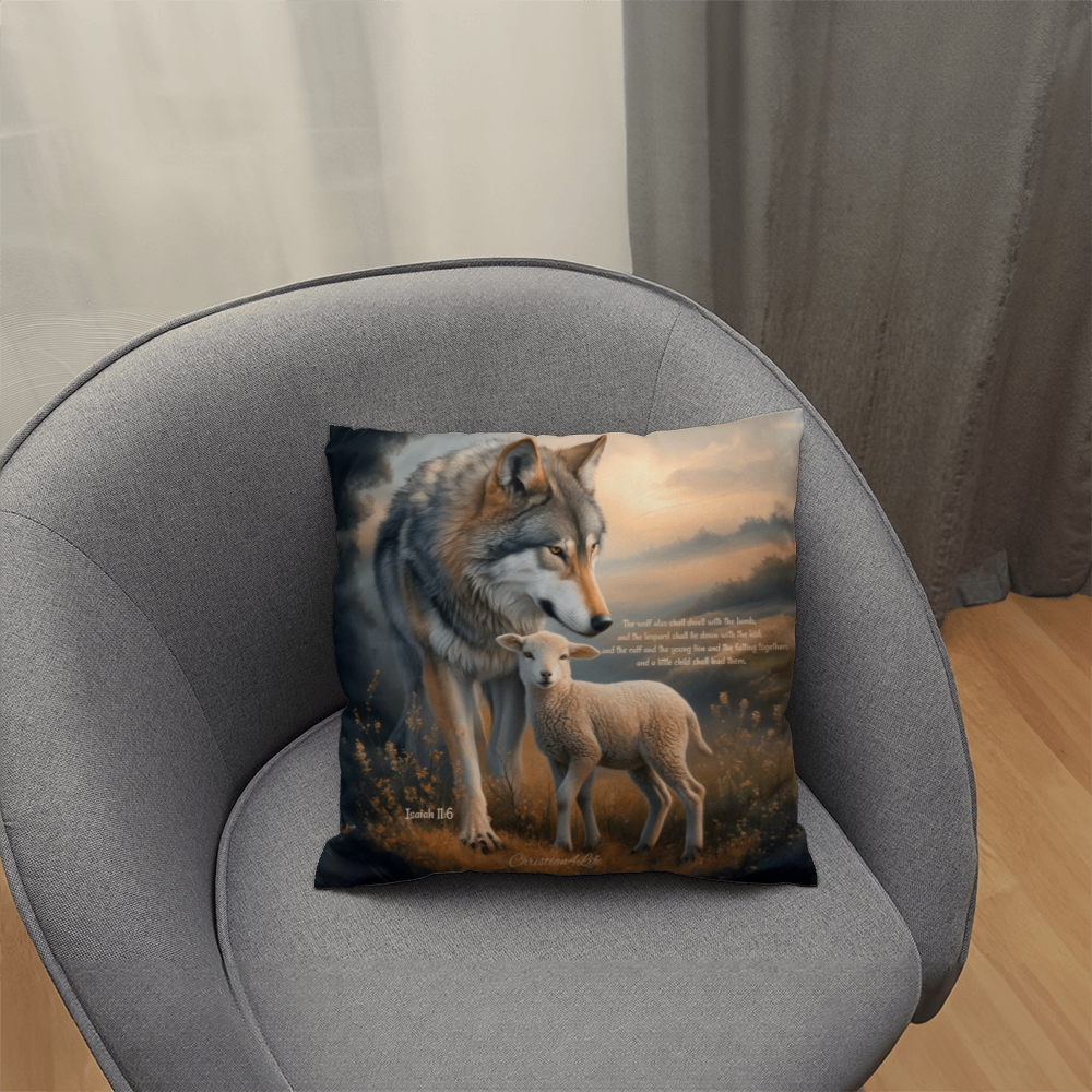 Wolf and Lamb Bible Verse Classic Pillow Isaiah 11:6 Bible quote, KJV (multiple sizes)