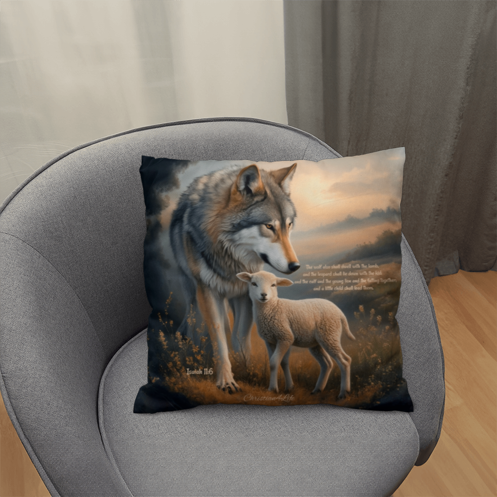 Wolf and Lamb Bible Verse Classic Pillow Isaiah 11:6 Bible quote, KJV (multiple sizes)