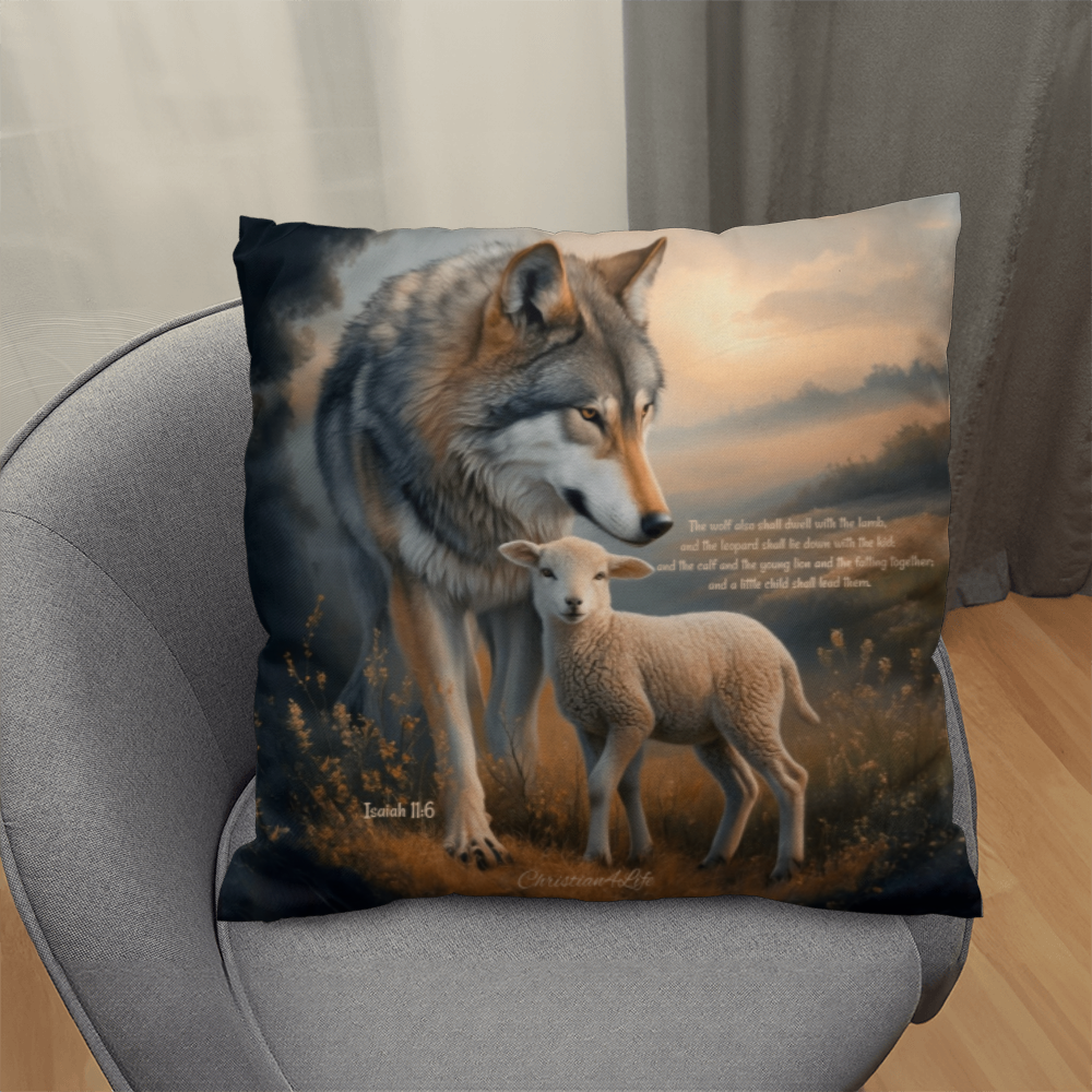 Wolf and Lamb Bible Verse Classic Pillow Isaiah 11:6 Bible quote, KJV (multiple sizes)