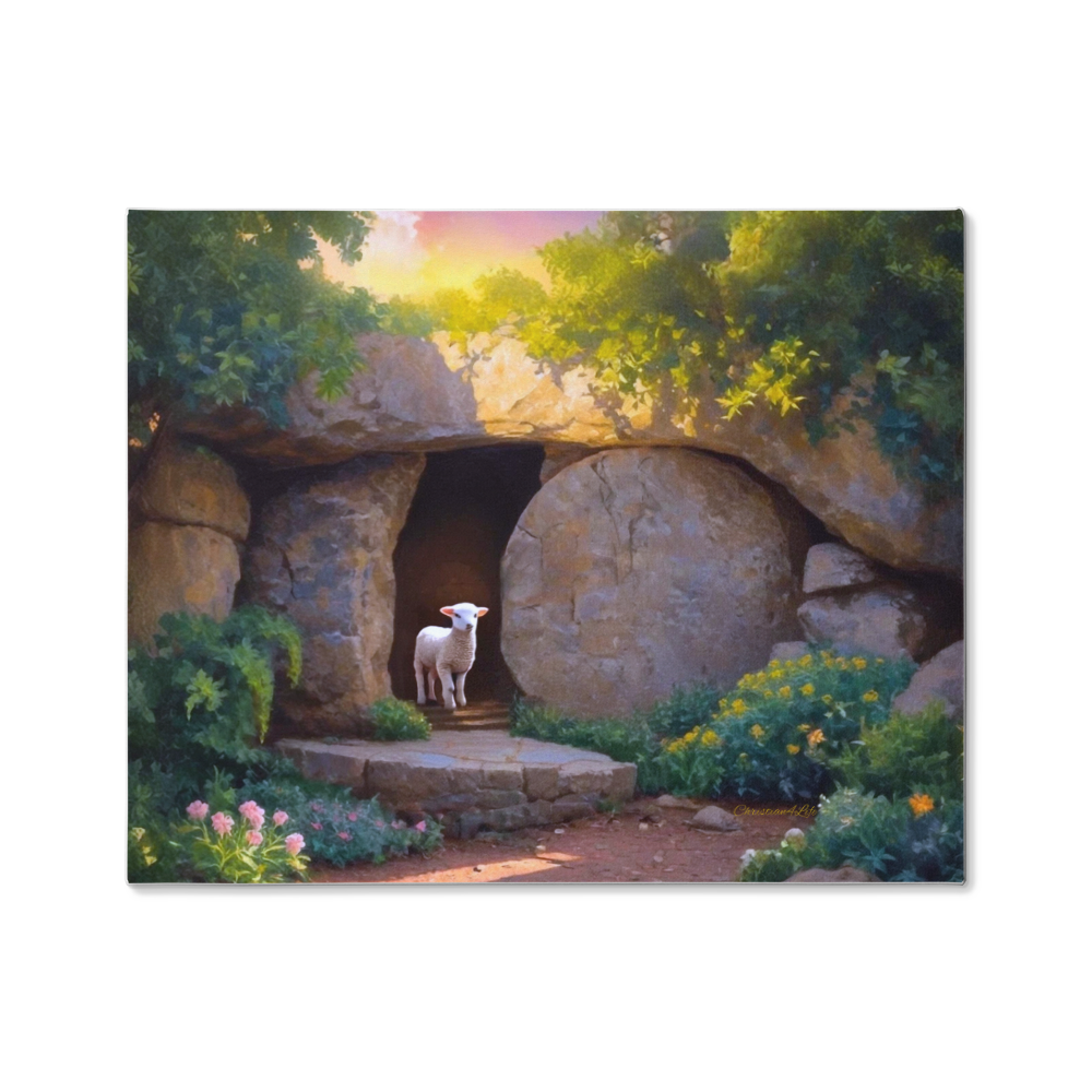 He is Risen, Tomb and Lamb Christian Wall Art Gallery Wrapped Canvas, Easter 20" x 16"