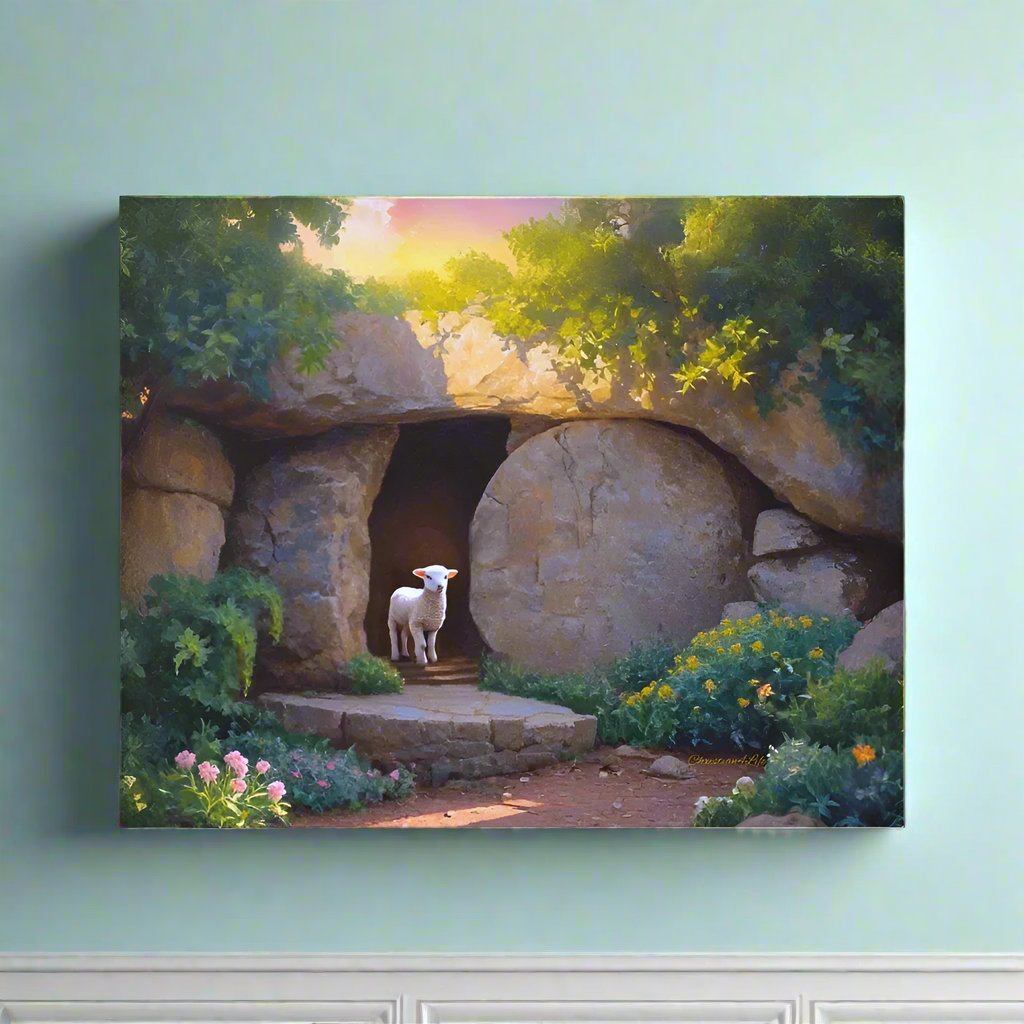 He is Risen, Tomb and Lamb Christian Wall Art Gallery Wrapped Canvas, Easter 20" x 16"