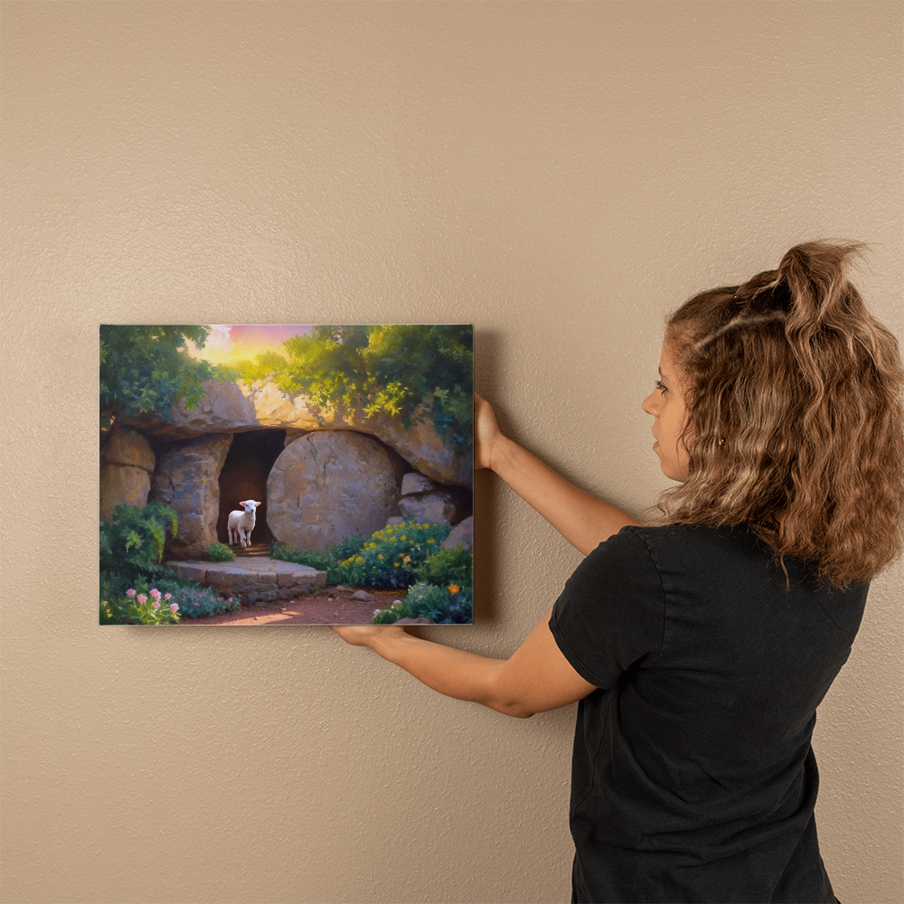 He is Risen, Tomb and Lamb Christian Wall Art Gallery Wrapped Canvas, Easter 20" x 16"