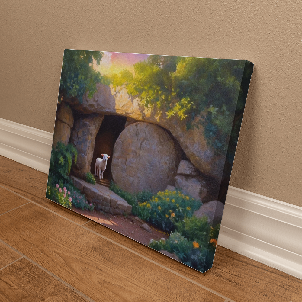 He is Risen, Tomb and Lamb Christian Wall Art Gallery Wrapped Canvas, Easter 20" x 16"