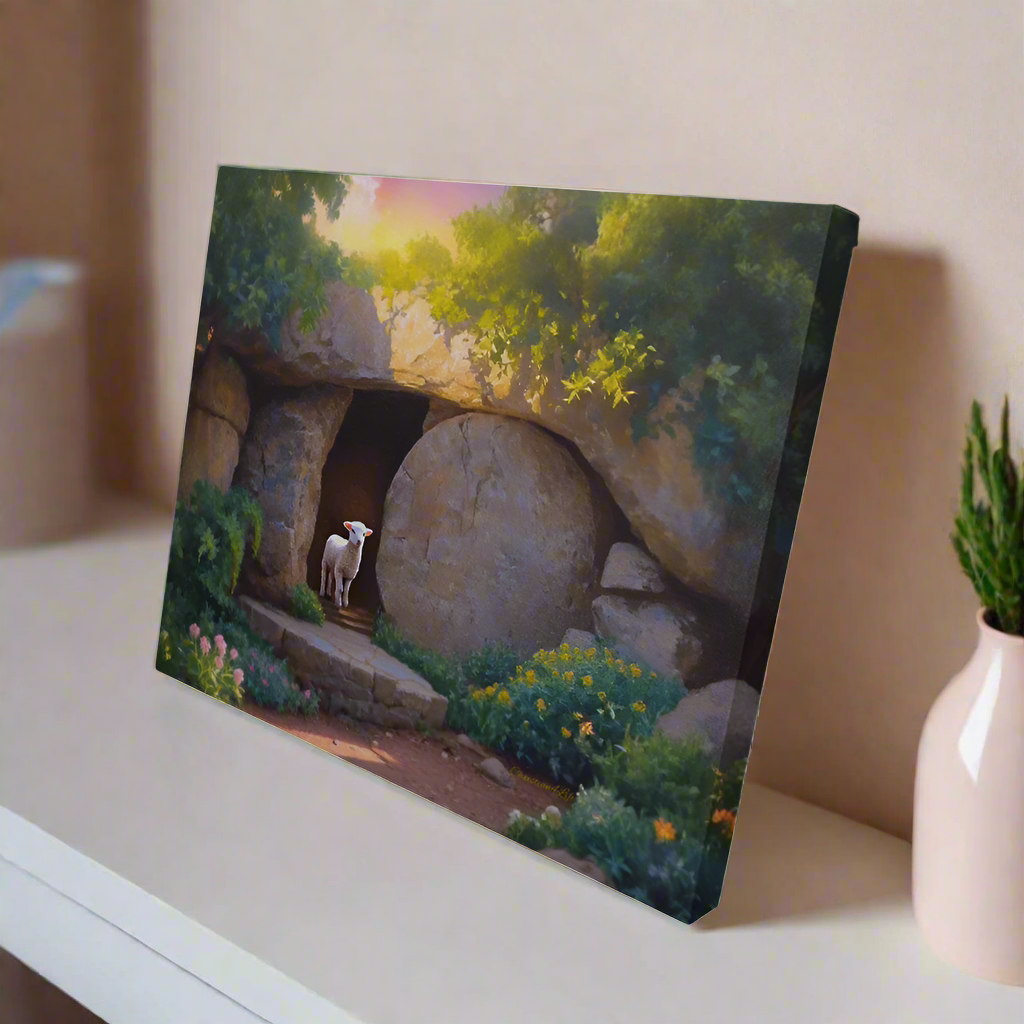 He is Risen, Tomb and Lamb Christian Wall Art Gallery Wrapped Canvas, Easter 20" x 16"