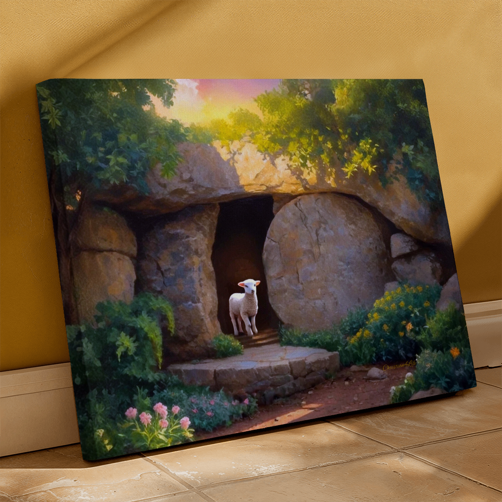 He is Risen, Tomb and Lamb Christian Wall Art Gallery Wrapped Canvas, Easter 20" x 16"