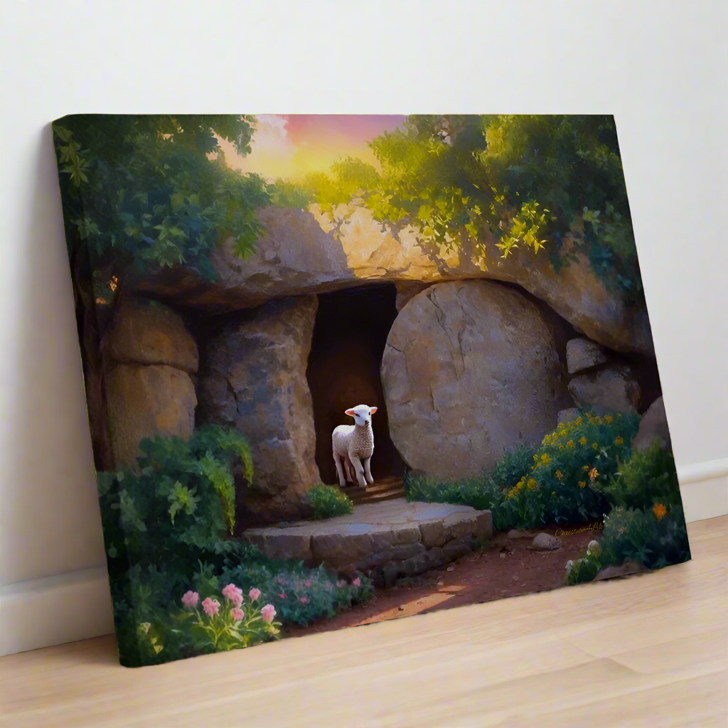 He is Risen, Tomb and Lamb Christian Wall Art Gallery Wrapped Canvas, Easter 20" x 16"