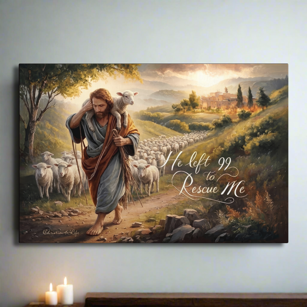 Painting of a shepherd with a lamb and text on a wall with candles below.