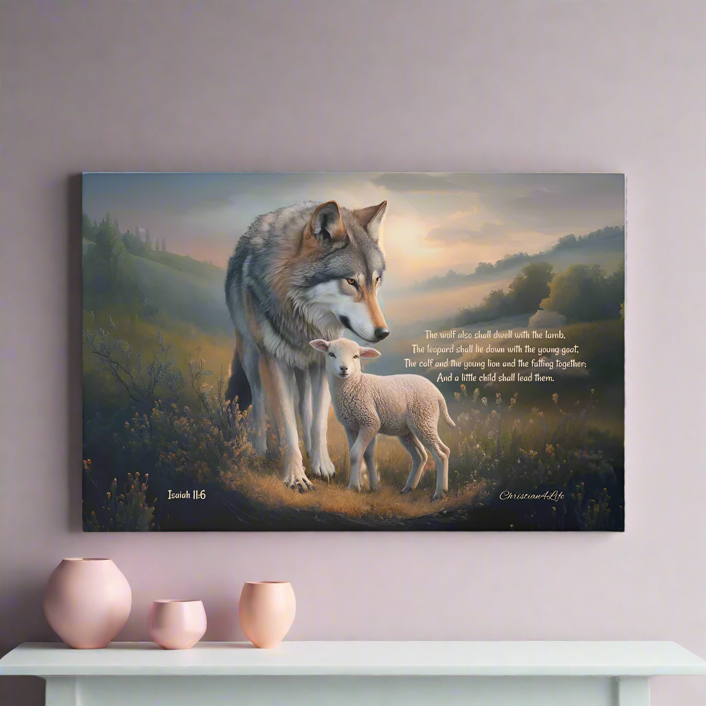 Wolf, Lamb and Child, Christian Wall Art, Gallery Wrapped Canvas, with Isaiah 11:6 Quote