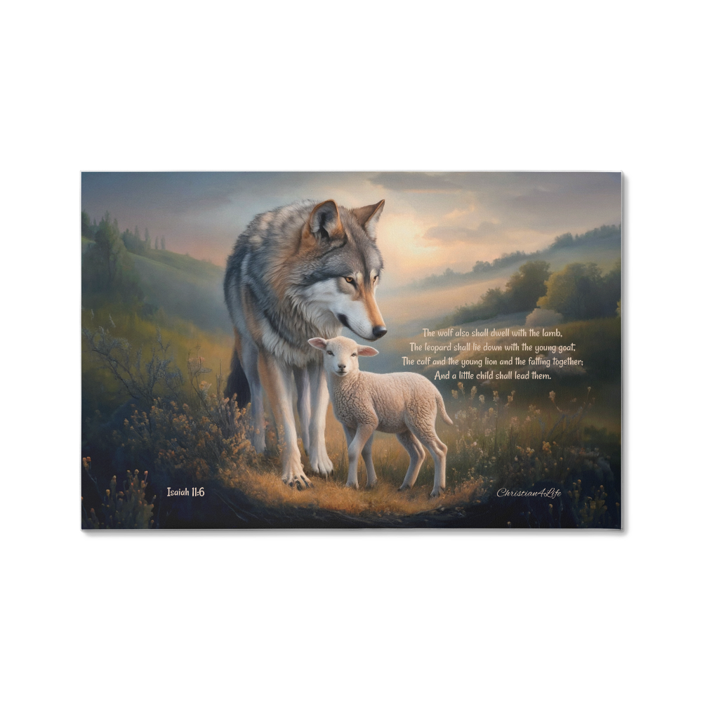 Wolf, Lamb and Child, Christian Wall Art, Gallery Wrapped Canvas, with Isaiah 11:6 Quote