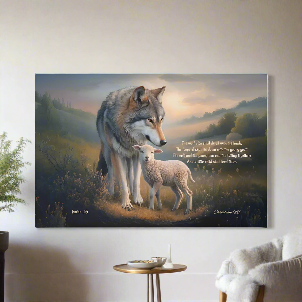 Wolf and Lamb, Christian Wall Art, Gallery Wrapped Canvas, with Isaiah 11:6 Quote