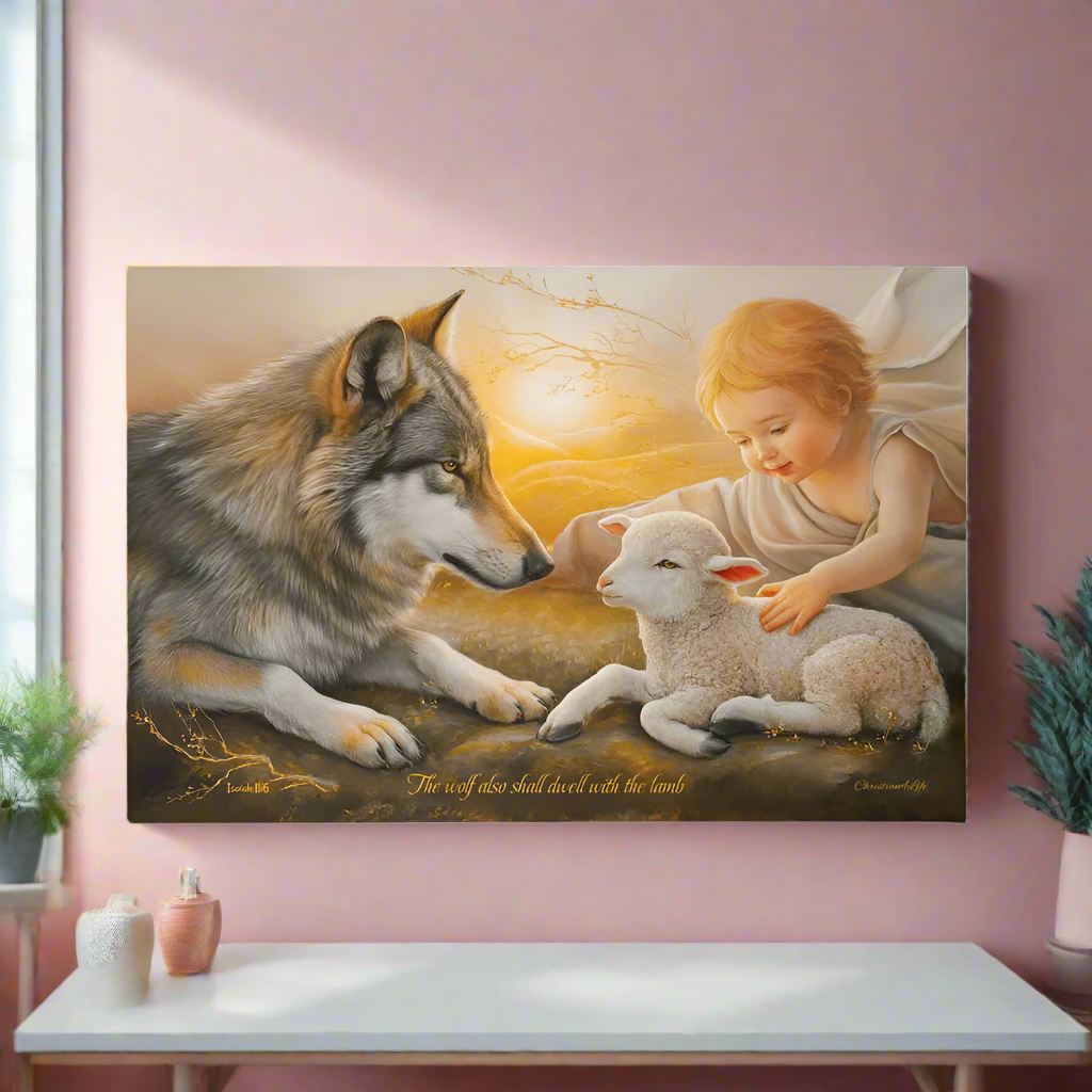 Wolf, Lamb and Child, Gallery Wrapped Christian Wall Art Canvas with Quote