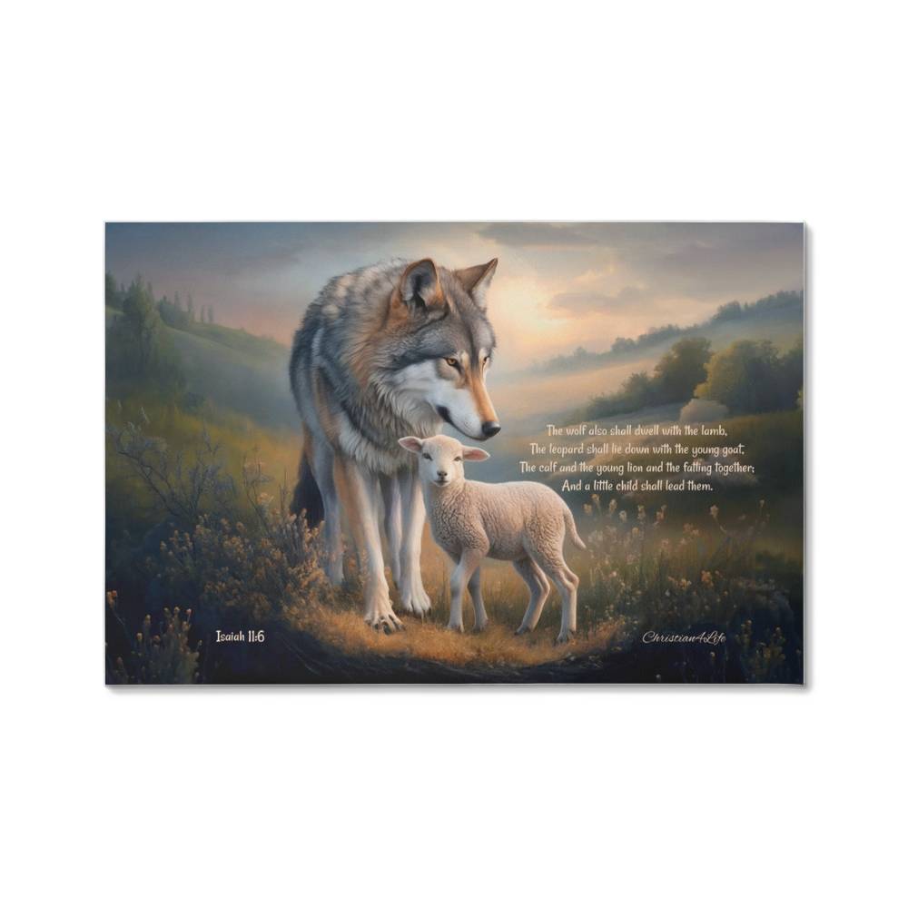 Wolf and Lamb, Christian Wall Art, Gallery Wrapped Canvas, with Isaiah 11:6 Quote