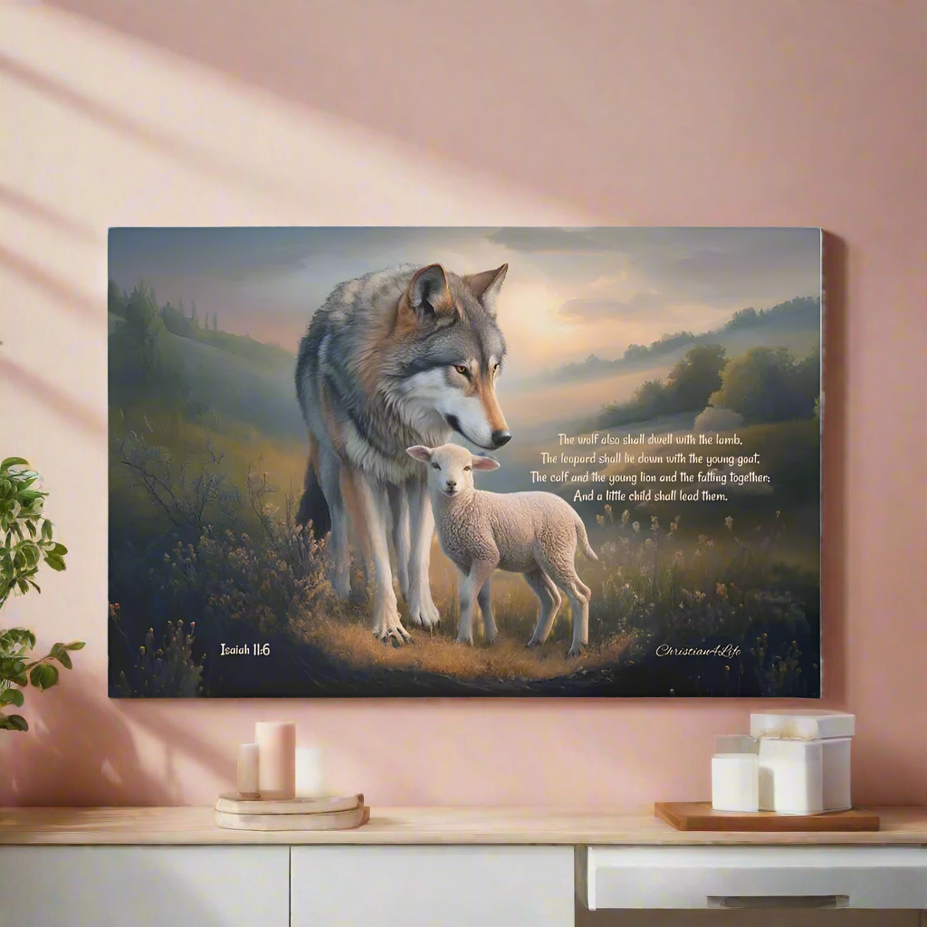 Wolf and Lamb, Christian Wall Art, Gallery Wrapped Canvas, with Isaiah 11:6 Quote