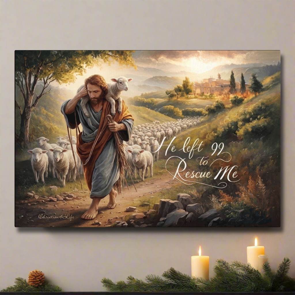 Painting of a shepherd with a lamb and a flock of sheep in a pastoral setting, with text 'He left 99 to rescue me' on a wall.