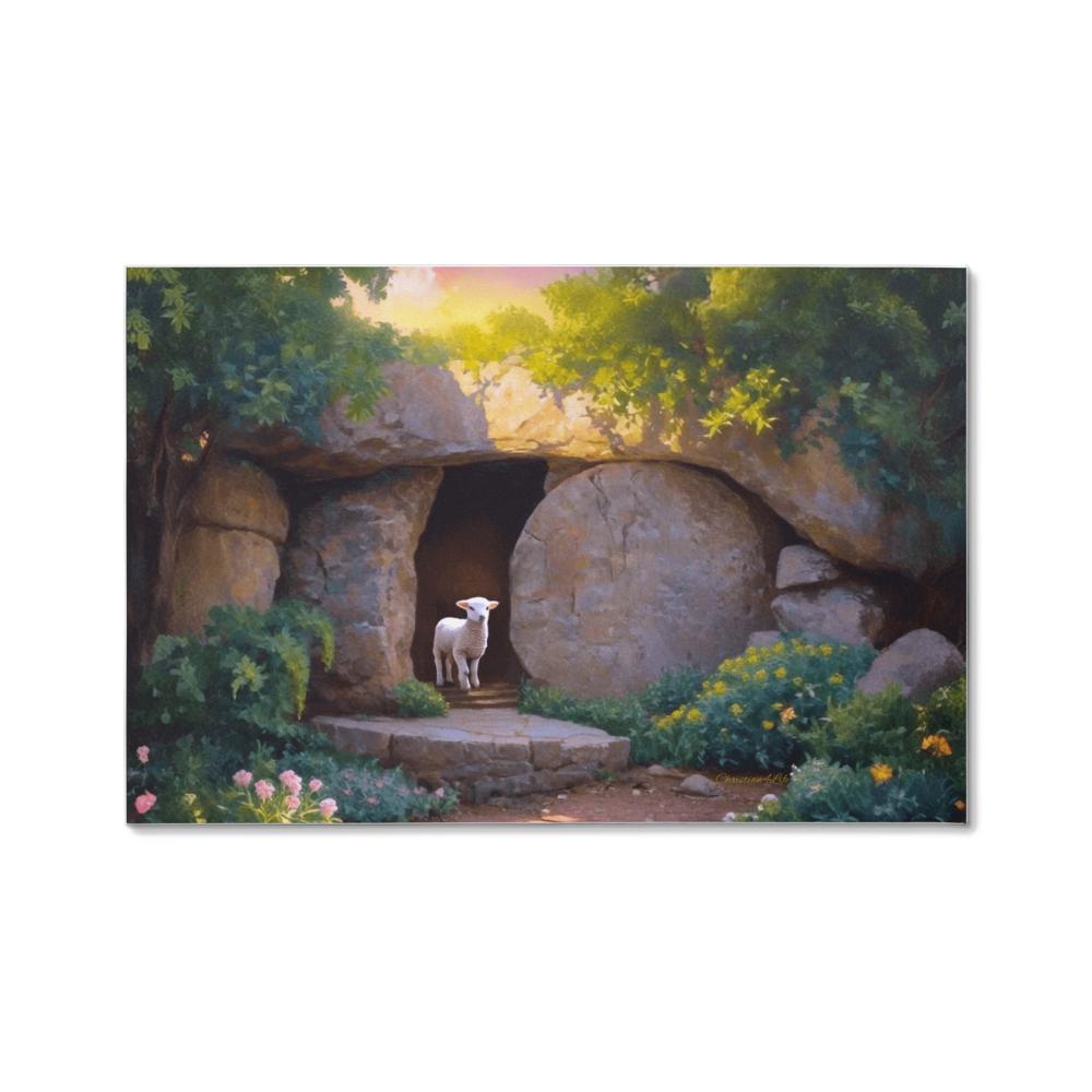 He is Risen, Tomb and Lamb Christian Wall Art  Wrapped Canvas, Easter, 18" x 12", 30" x 20" or 36" x 24"