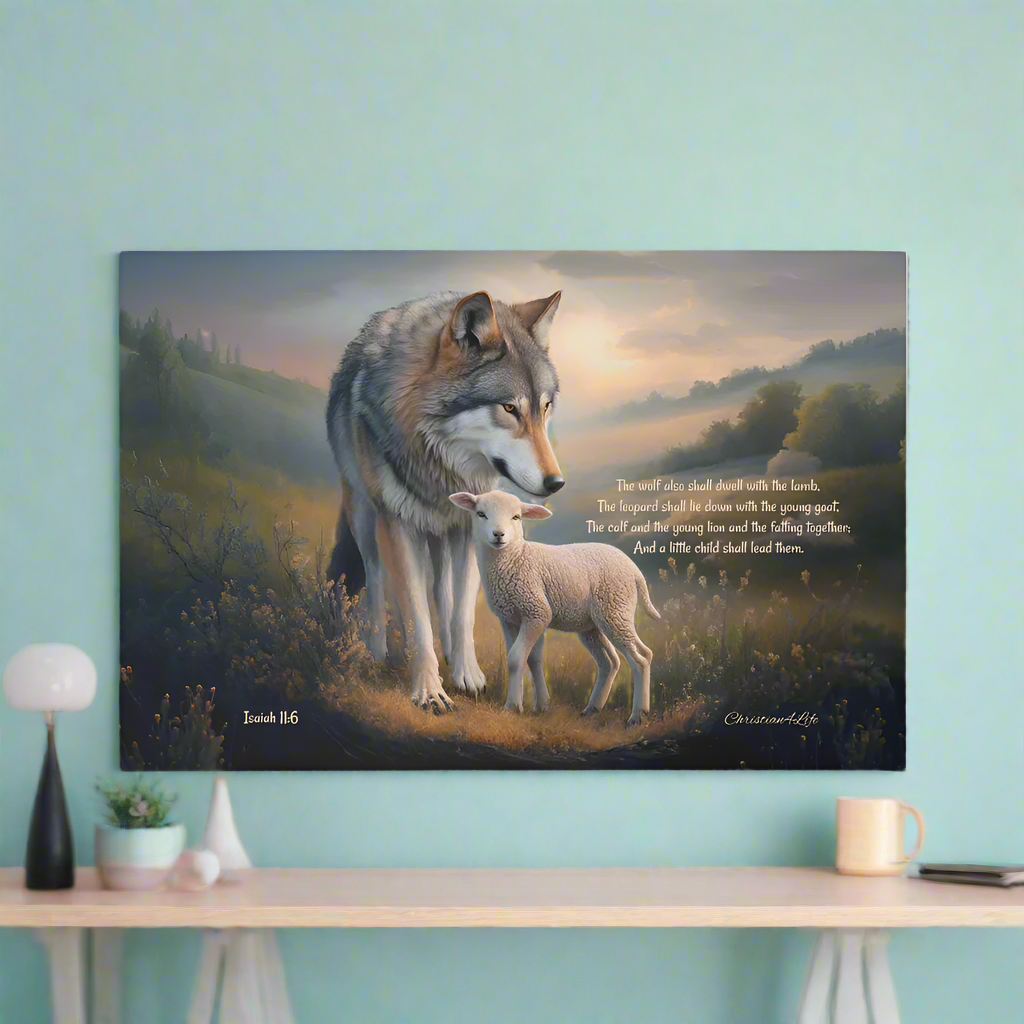 Wolf, Lamb and Child, Christian Wall Art, Gallery Wrapped Canvas, with Isaiah 11:6 Quote