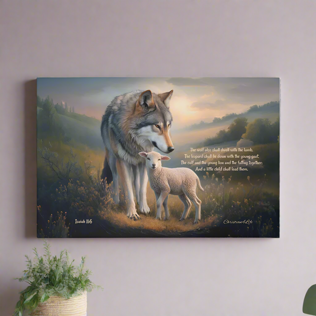 Wolf, Lamb and Child, Christian Wall Art, Gallery Wrapped Canvas, with Isaiah 11:6 Quote