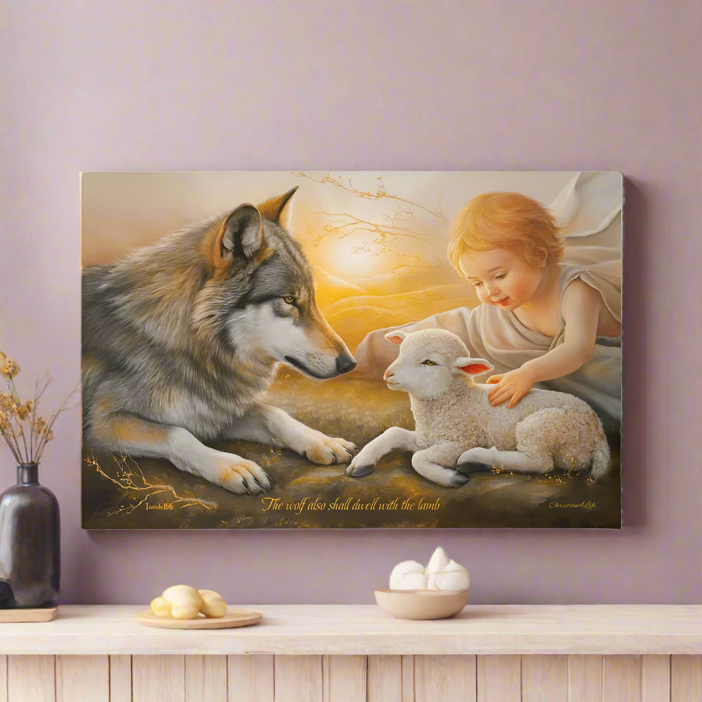 Wolf, Lamb and Child, Gallery Wrapped Christian Wall Art Canvas with Quote