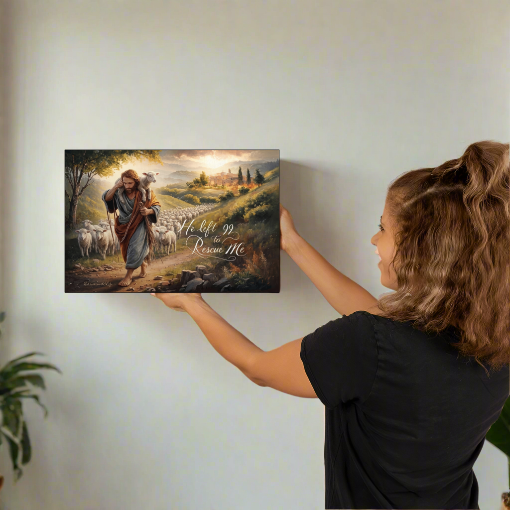 Woman hanging a framed artwork of a shepherd with sheep on a wall.