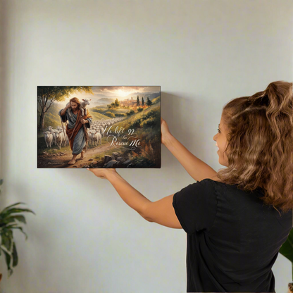 Woman hanging a framed artwork of a shepherd with sheep on a wall.