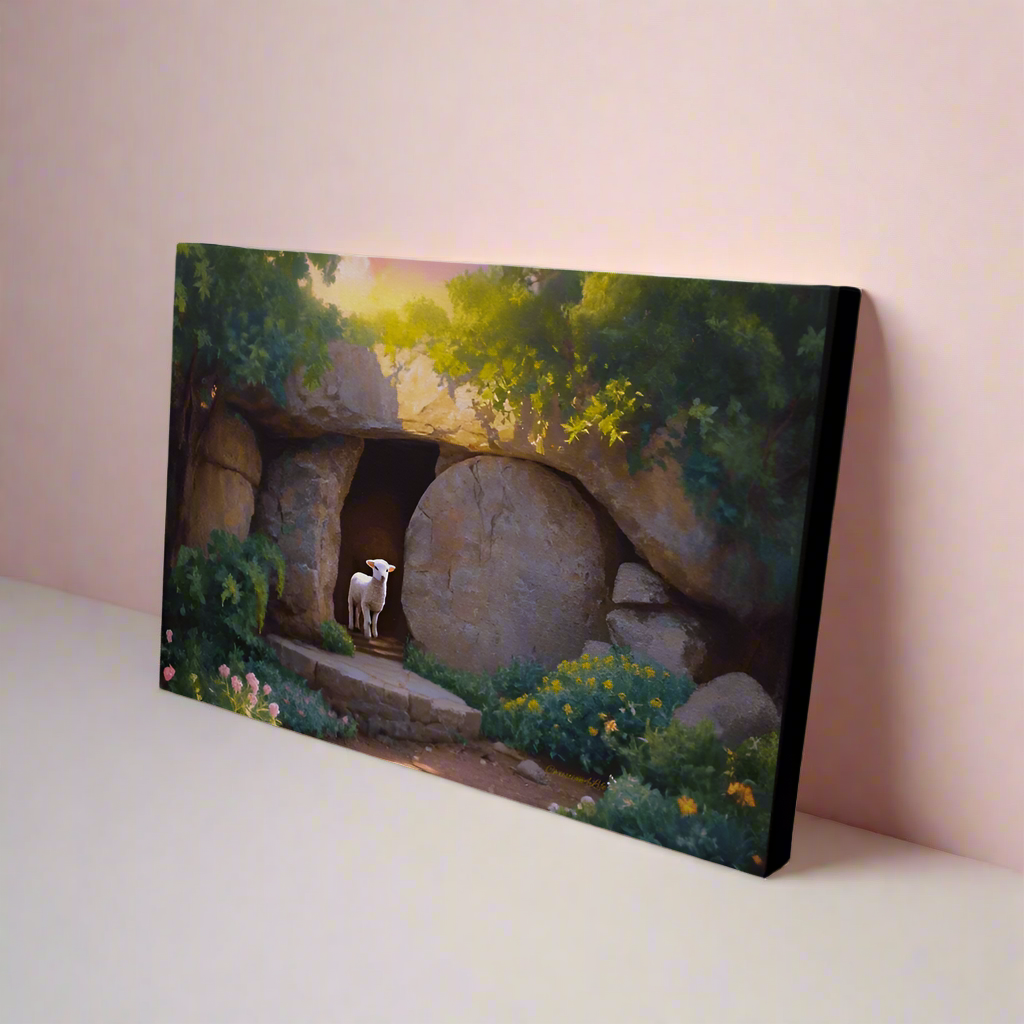 He is Risen, Tomb and Lamb Christian Wall Art  Wrapped Canvas, Easter, 18" x 12", 30" x 20" or 36" x 24"