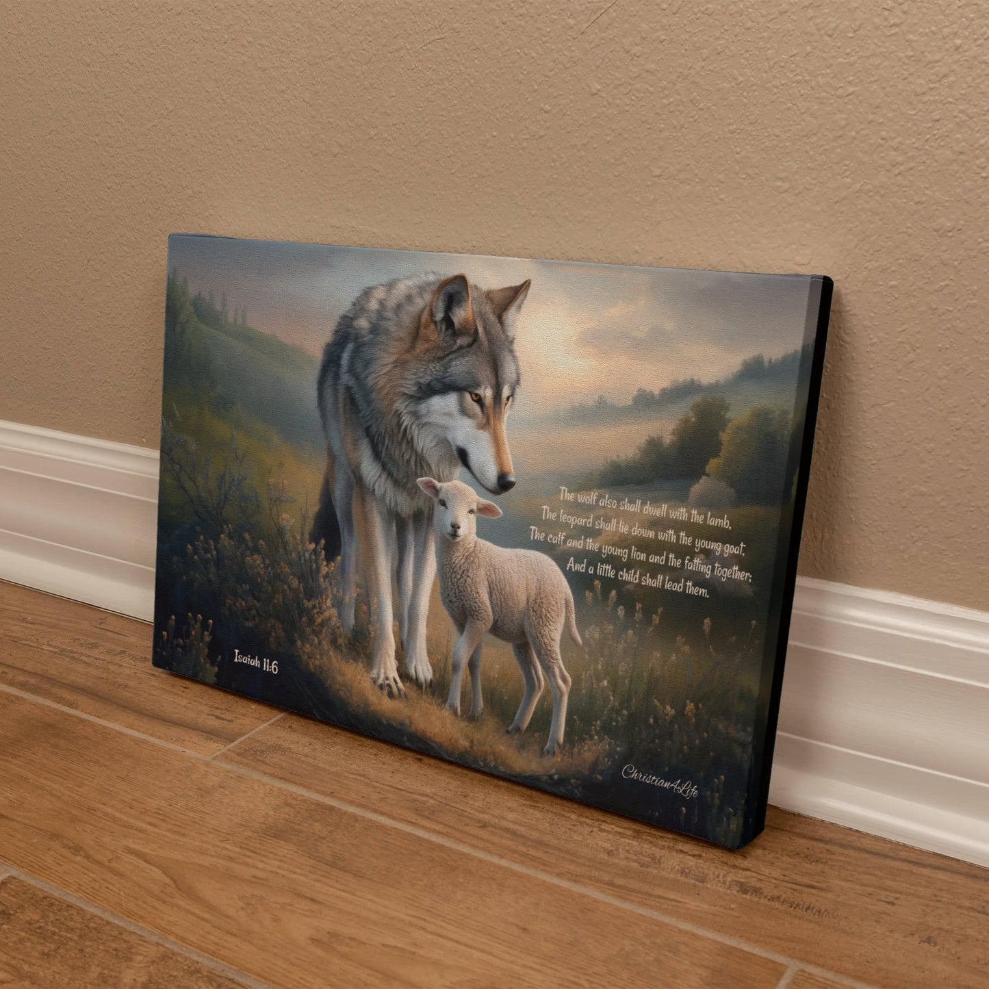 Wolf and Lamb, Christian Wall Art, Gallery Wrapped Canvas, with Isaiah 11:6 Quote